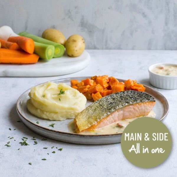 AIO - Salmon Chorizo with Mash and Carrots AIO - Salmon Chorizo with Mash and Carrots