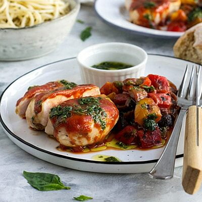 Chargrilled Chicken with Roasted Vegetables, Tomato And Basil Oil